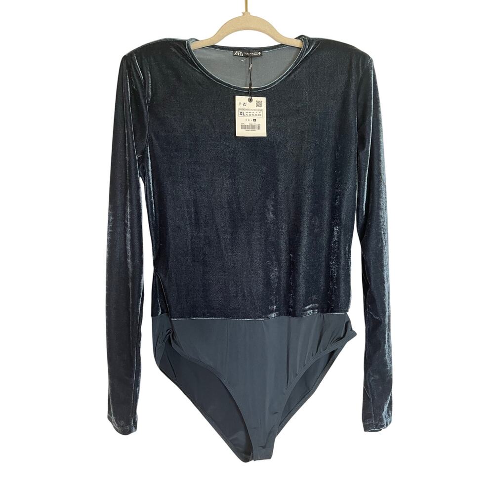Zara | NWT Women's XL Velvet Shoulder Pad Bodysuit Slate Blue Gray